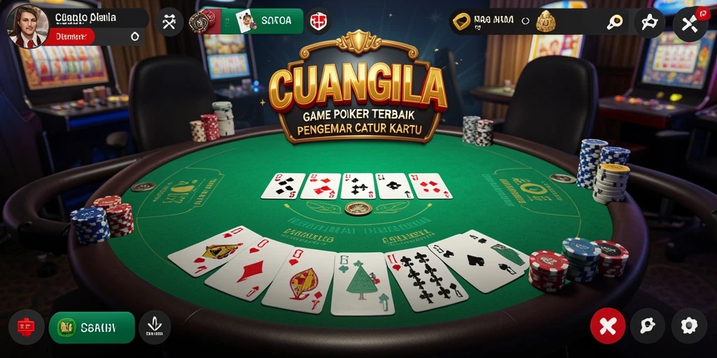 Tampilan gameplay seru dalam aplikasi Poker CUANGILA dengan kartu dan meja yang menarik.