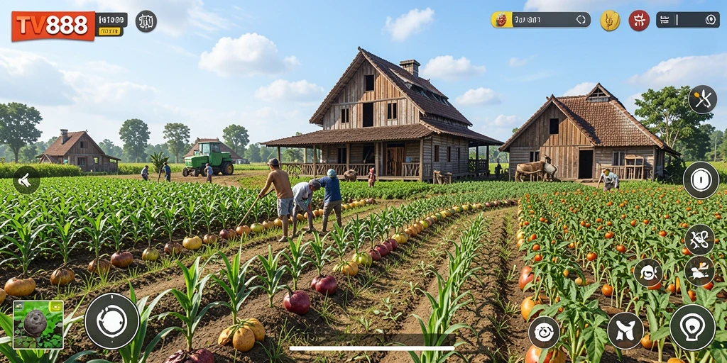 Tangkapan layar gameplay TV888 menampilkan aktivitas pertanian yang seru.
